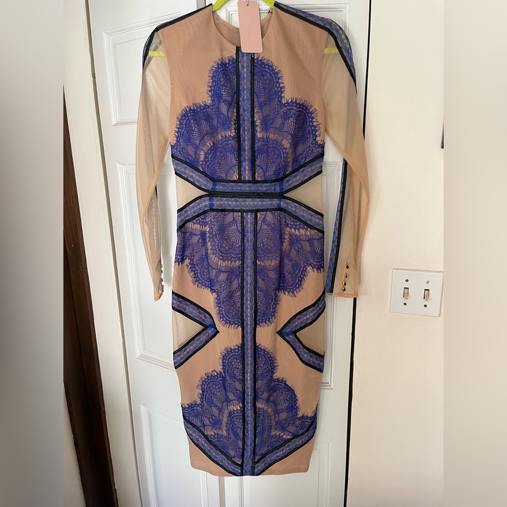 Three Floor electric blue/periwinkle Dress w/Lace, black leather, & sheer detail - Picture 16 of 16